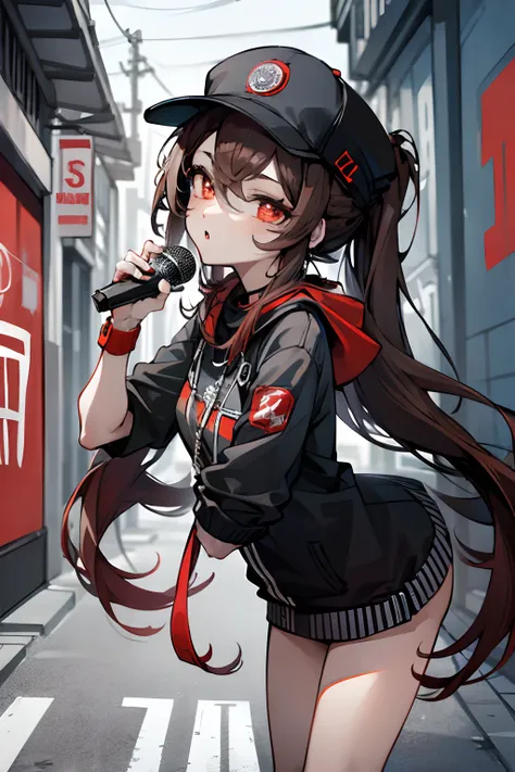 SFW, masterpiece, standing (woman 1), (((rapper pose)), (rapper clothes), red eyes,  dark brown hair, two ponytails, very long hair, backwards cap, ((((microphone)))), ((close up)), (leaning forward), (grafiti), ((city alley))