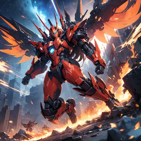 Absurd resolution, High resolution, (masutepiece: 1.4), Hyper-detailing, mechs, Red armor with red wings, Flying in the sky (1.8) The background is wild, fire、cosmic space