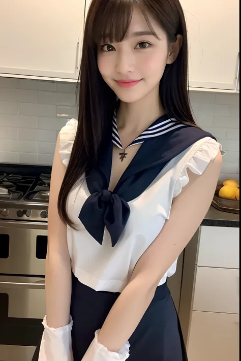 (top-quality、8K、​masterpiece:1.3)、Beautiful Women in Perfect Figure:1.4、dark brown hair、Wearing a pendant、Wearing a simple pink ruffled apron、in a kitchen、extremely detailed face and skin、Detailed eye、二重まぶた、Colossal tits、A smile,　Exposing breasts、transpare...