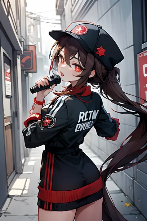 SFW, masterpiece, standing (woman 1), (((rapper pose))), (rapper clothes), red eyes,  dark brown hair, two ponytails, very long hair, backwards cap, ((((microphone)))), ((close up)), (leaning forward), (grafiti), ((city alley)), ((star shape iris))