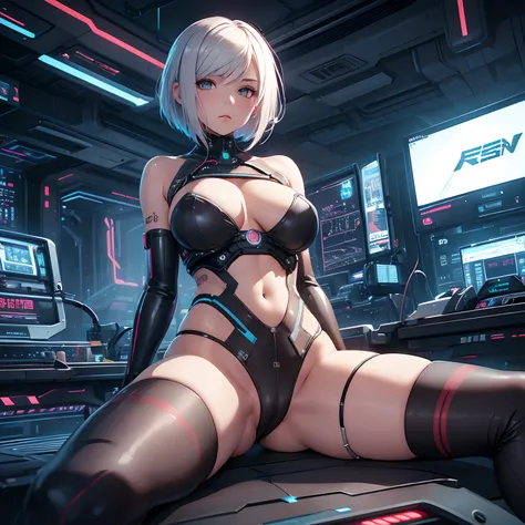 Netrunner Girl, Detailed, 21 years old, tattooed all over the body, delicate face, silver hair, short hair, lying down, cables connected all over the body, cybernetic implants, Cyber ​​room, cyberpunk, Bladerunner, retro futuristic, Ultra HD 4K, Digital pa...