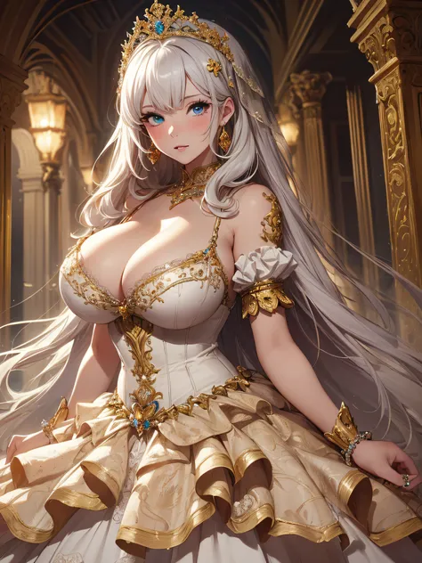 ((anime artstyle)),(Masterpiece),(Best Quality), (Super Detail),((Very Delicate and Beautiful)),cinematic lighting,1 lady,((full body portrait)),((solo)),digital art,(((1 princess in beautiful embroidery and jeweled gorgeous princess rococo ballgown with v...