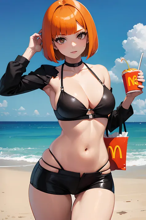 Mujer, (pechos grandes), ((corte bob recto)), ((cabello naranja)), (solo), sexy Orange hair, ((mcdonalds)), bikini, (((straight bob cut))) straight bob cut