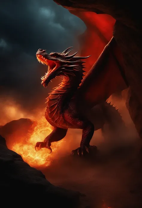 Dragon with red eyes fire in the mouth sharp teeth comes out from cave, sky with lighting and thunderstorm