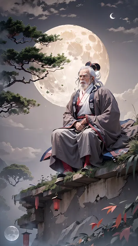 (best quality,a high resolution,masterpiece:1.2)an old man with a long white beard，(look up at the full moon:1.2),( old man of a...