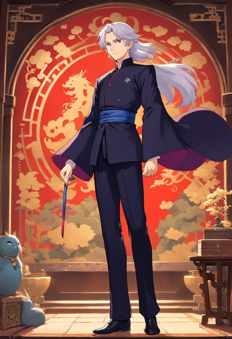 Caius is a handsome man, Stand at 7 feet tall. He has the structure of a kinetic body. He is dressed in a black royal costume. He has beautiful white silky hair. Big bulge in his pants. good quality, Ultra High Quality、nobles、Your Highness、prinz、military o...