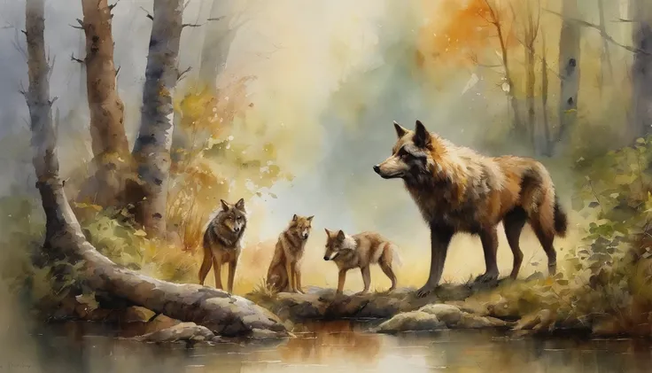 masterpiece, young boy that lives in the forest, surrounded by friendly wolves, roupas de pele, (indian), selvagem,