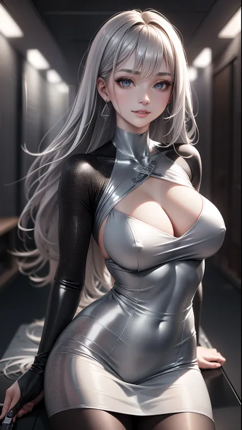 silver color hair, bared legs, (Weaponry room as background:1.3), wearing rosy pink suit and mini tight skirt, a girl with calm and rational personality, demonstrating a loyal and efficient approach to her tasks, human-like aspect to her, possess emotions ...