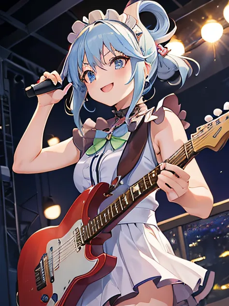 ((masutepiece)), ((Best Quality)), (Ultra-detailed), Anime style, Live performance venue, Cute little girl s, 1girl in, Solo, Playing the guitar 00, Maid 00, ((Beautiful eyes))0, Smile