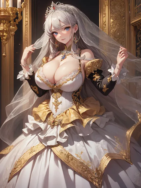 ((anime artstyle)),(Masterpiece),(Best Quality), (Super Detail),((Very Delicate and Beautiful)),cinematic lighting,1 lady,((full body portrait)),((solo)),digital art,(((1 princess in beautiful embroidery and jeweled gorgeous princess rococo ballgown with v...