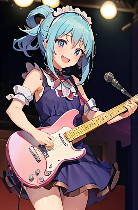 ((masutepiece)), ((Best Quality)), (Ultra-detailed), Anime style, Live performance venue, Cute little girl s, 1girl in, Solo, Playing the guitar 00, Maid 00, ((Beautiful eyes))0, Smile