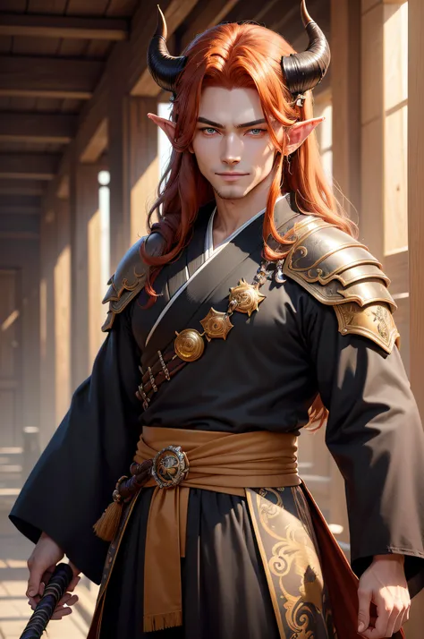 (masterpiece), best quality, ultra-high resolution, ((one man)), ((oni)), boy, male, elegant, expressive eyes, perfect face, half body, looking at viewer, dutch angle, cowboy shot, (long black-reddish hair), (golden eye color), long elf like ears, (one dem...