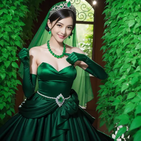 emerald tiara, Green Pearl Necklace, Boyish very short black hair, lipsticks, Japan woman smiling, very short short hair, fist, big breasts beautiful, Green eyes, Long green gloves made of satin material, Green eyes, Emerald Earrings