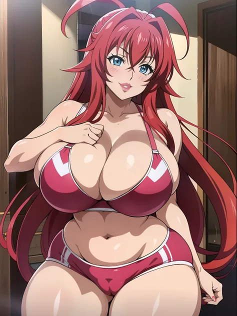 Highschool dxd, Rias Gremory, 1girl, (((bimbo))), blue eyes, puffy lips, painted lips, thick lips, wide hips, thick thighs, big breast, huge ass, revealing cleavage, erotic, smile face, bubble butt, camel toe, hitomi Tanaka breasts, , huge breasts, pink yo...