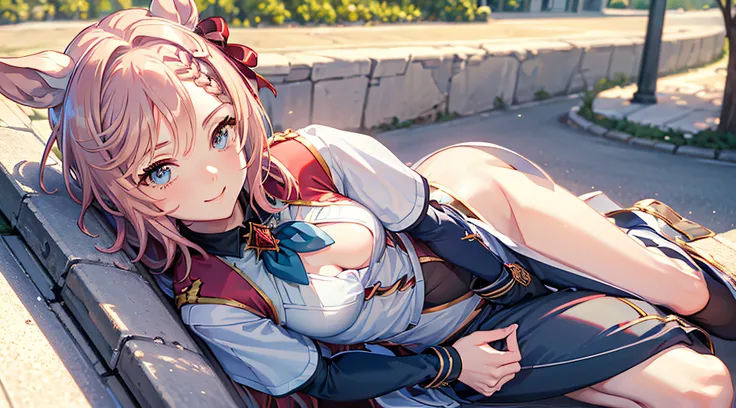 8k, best quality, masterpiece, highly detailed, semi-realistic illustration, 1girl, 16 years old, baby face, (Glowing eyes), venus park (umamusume), mature female, (small breasts), beautiful face, pink hair, looking at viewer, ((cute smiling)), sitting on ...