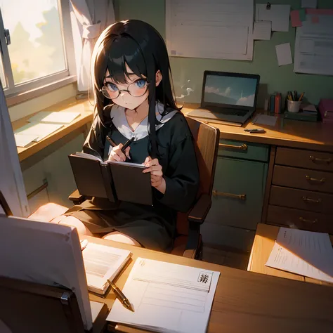 Cute room、One girl studying(sit a chair)、desk work(I have a notebook)、eye glass、Long Black Hair、fullnude、Mug on desk(Steaming)、Thinking Face、Write notes with a pen