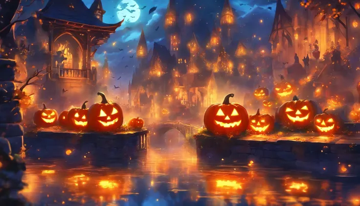 Halloween Floating Lights, Cinematographic light and reflection, glowing lights, Intermediate elements of the metaverse，digital painting, reflets brillants, Reflect, Halloween Jack-o-lantern, Nuit calme, digital illustration, Belle ambiance, Skylights at n...