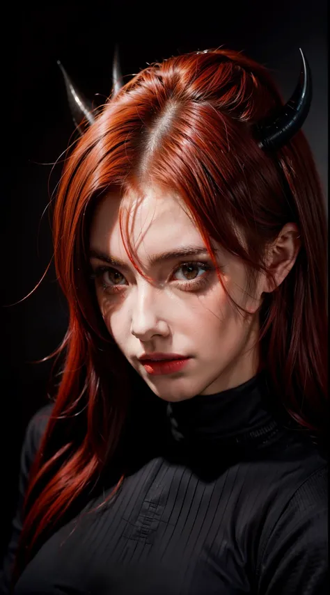 Woman with red hair emo pin up girl, orange eyes, black horns, dark mystical background, striking a pose, midshot, centered image, ultra detail, extremely face detail, extremely eye detail, in a hellfire