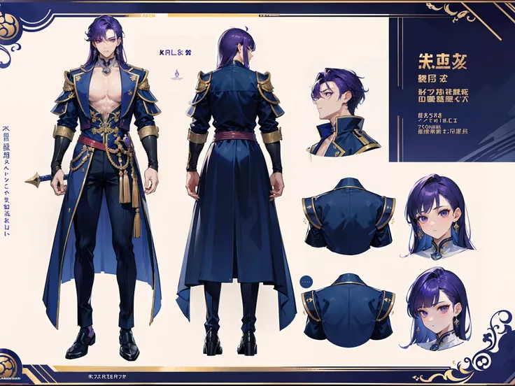 ((Masterpiece, Highest quality)), Detailed face, character design sheet， full bodyesbian, Full of details, frontal body view, back body view, Highly detailed, Depth, Many parts, Muscle boy with purple hair，handsome man, navy, commander, man tall