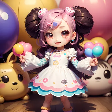 ​masterpiece、top-quality、ultra-detailliert、(Chibi Chara:1.3)、(Decora Puff Sleeve Dress:1.3)、Open your mouth and smile、Standing、Pastel Balloon Pop