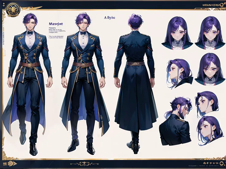 ((Masterpiece, Highest quality)), Detailed face, character design sheet， full bodyesbian, Full of details, frontal body view, back body view, Highly detailed, Depth, Many parts, Muscle boy with purple hair，handsome man, navy, commander, man tall