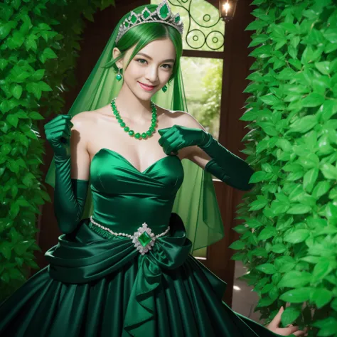 emerald tiara, Green Pearl Necklace, Boyish very short green hair, lipsticks, Japan woman smiling, very short short hair, fist, big breasts beautiful, Green eyes, Long green gloves made of satin material, Green eyes, Emerald Earrings