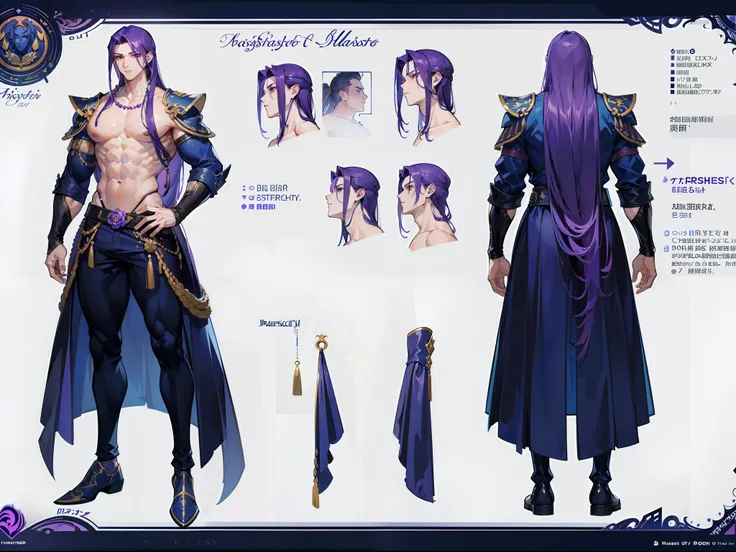 ((Masterpiece, Highest quality)), Detailed face, character design sheet， full bodyesbian, Full of details, frontal body view, back body view, Highly detailed, Depth, Many parts, Muscle boy with long purple hair，handsome man, muscle body, navy, commander, m...