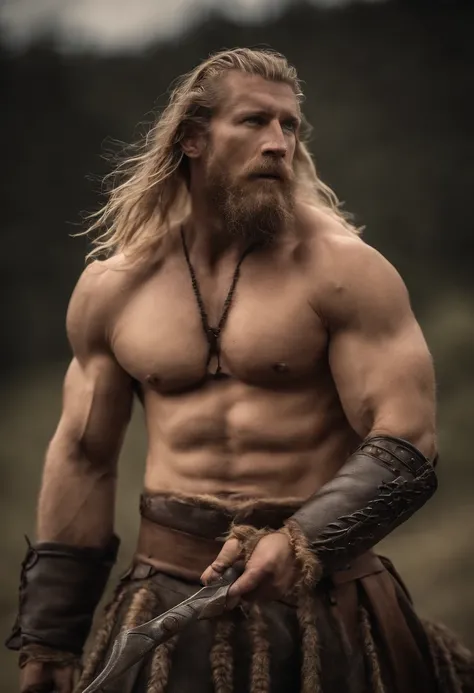 A 40 years old Viking male warrior, topless, barechest, raw, in Viking clothing, long blonde flowing hair, stormy background, very sexy, brutal, insanely hot and handsome, chilsed fitted, cinematic photography, dynamic action scene, poster art photography,...