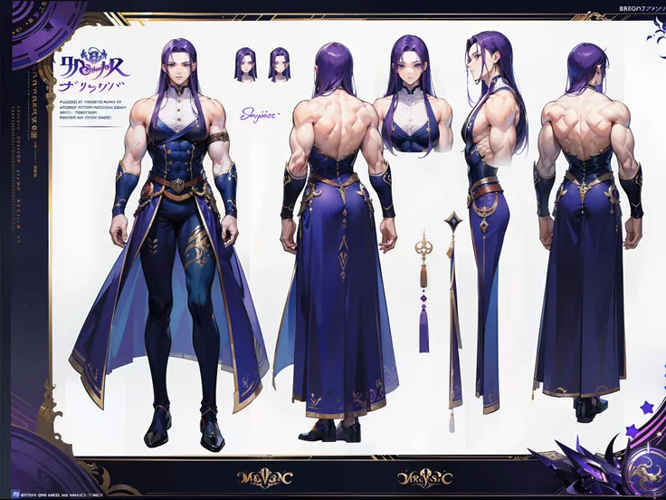 ((Masterpiece, Highest quality)), Detailed face, character design sheet， full bodyesbian, Full of details, frontal body view, back body view, Highly detailed, Depth, Many parts, Muscle boy with long purple hair，handsome man, muscle body, navy, commander, m...