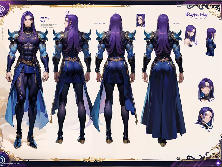 ((Masterpiece, Highest quality)), Detailed face, character design sheet， full bodyesbian, Full of details, frontal body view, back body view, Highly detailed, Depth, Many parts, Muscle boy with long purple hair，handsome man, muscle body, navy, commander, m...