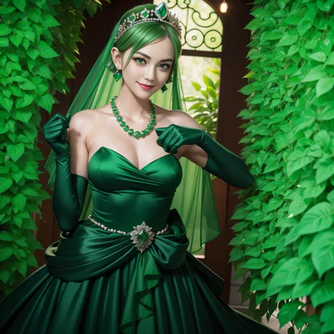 emerald tiara, Green Pearl Necklace, Boyish very short green hair, lipsticks, Japan woman smiling, very short short hair, fist, big breasts beautiful, Green eyes, Long green gloves made of satin material, Green eyes, Emerald Earrings