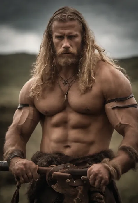 A 50 years old Viking male warrior, topless, barechest, raw, in Viking clothing, long blonde windy hair, stormy background, very sexy, penetrating look, brutal, insanely hot and handsome, chilsed fitted, cinematic photography, dynamic action scene, poster ...