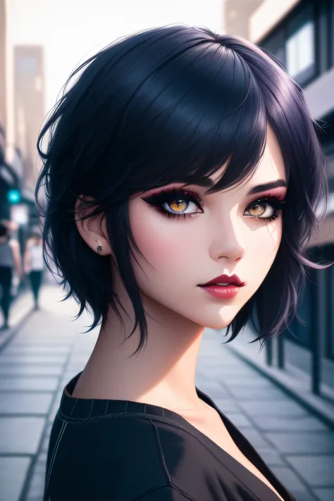 beautiful girl, half body portrait, short bright blue disheveled hair, black eyeshadow, (street style wear:1.2), (city background:1.2), dark makeup, digital art, trending on artstation, highly detailed, fine detail, intricate,  beautiful detailed glow, det...