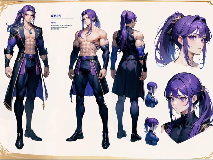 ((Masterpiece, Highest quality)), Detailed face, character design sheet， full bodyesbian, Full of details, frontal body view, back body view, Highly detailed, Depth, Many parts, Muscle boy with ponytail long purple hair，handsome man, muscle body, navy, com...