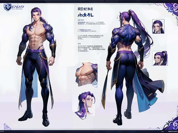 ((Masterpiece, Highest quality)), Detailed face, character design sheet， full bodyesbian, Full of details, frontal body view, back body view, Highly detailed, Depth, Many parts, Muscle boy with ponytail long purple hair，handsome man, muscle body, navy, com...