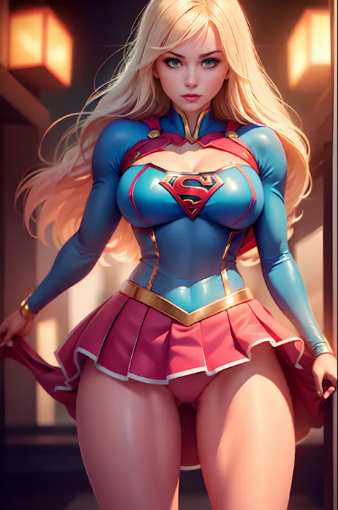 (Supergirl, eroic expression, perfect female American Goddess girl, incredible, stunning beauty) Girls body defined, fair skin, light hair, green eyes, perfect beautiful face, perfect breasts: 1.5, (muscular body: 1.1), flexible body , wearing costume ((Su...