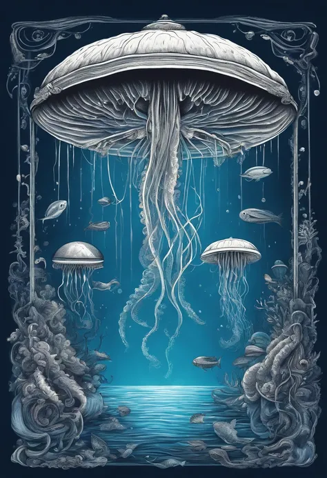 Generate a t-shirt design of a surreal underwater scene with floating jellyfish, bioluminescent creatures, and an otherworldly atmosphere