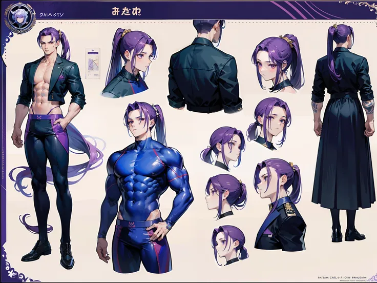 ((Masterpiece, Highest quality)), Detailed face, character design sheet， full bodyesbian, Full of details, frontal body view, back body view, Highly detailed, Depth, Many parts, Muscle boy with ponytail long purple hair，handsome man, muscle body, navy, com...