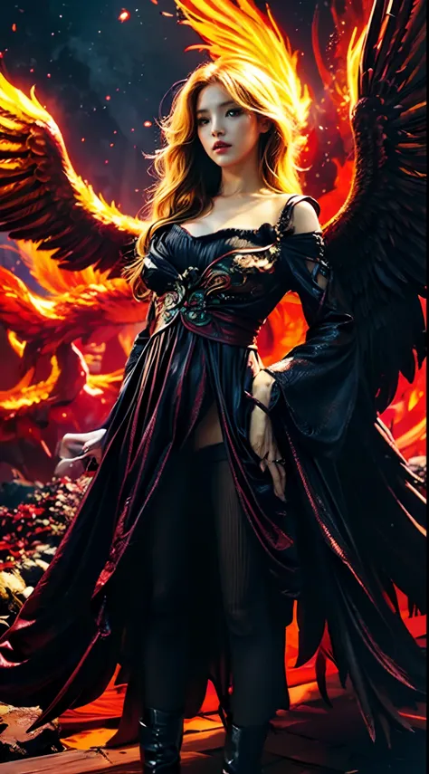 a beautiful woman in a red dress standing in front of a large bird, with fiery golden wings of flame, ornate with fiery explosions, artwork of a phoenix, wallpaper of a phoenix, wallpaper of a phoenix resting, with fiery golden wings, anime fantasy illustr...