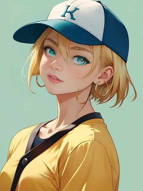 photo, 8k portrait of beautiful girl, aqua eyes, baseball cap, blonde hair, closed mouth, earrings, green background, hat, hoop earrings, jewelry, looking at viewer, shirt, short hair, simple background, solo, upper body, yellow shirt