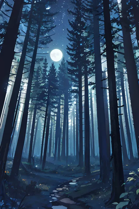 A forest at night, The sky is black and the moon bright