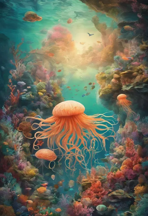 (best quality,4k,8k,highres,masterpiece:1.2),ultra-detailed,(realistic,photorealistic,photo-realistic:1.37),t-shirt design,surreal underwater scene,floating jellyfish,bioluminescent creatures,otherworldly atmosphere,ethereal colors,vibrant hues,soft and di...