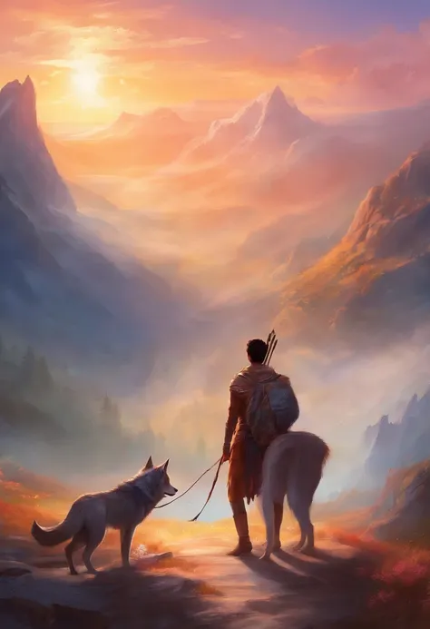 indian teenager walking with his friendly wolf in a mountain