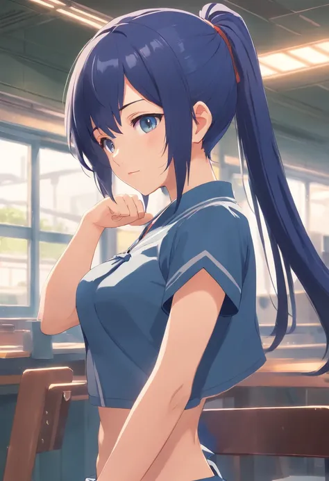 1girl in, soio, Laura S. Alceida (long dark blue hair, Ponytail and side van, tiny chest), (Inspired by the Cold Steel Road) In a school dress showing off her panties, In military schools, embarrassed,  see-through, chest exposed, cleavage large zoom, NSFW...