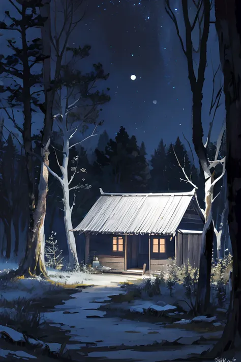 An old hut in a forest at night, The sky is black and the moon bright