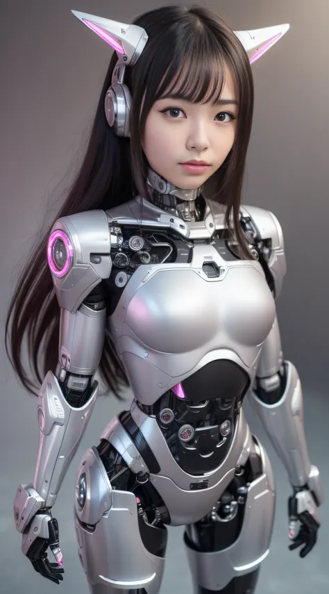 (Photorealistic: 1.4), 1 girl, (best quality), (ultra-detailed face), (ultra-well-formed face), (((robot parts)), (cyborg girl), (pink), (silver), (metallic), (full-body), (moe pose), (thin), (), (model body type), (mecha exposure), (akihabara), (looking a...