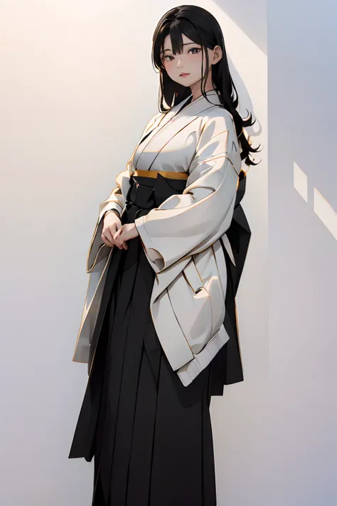 top-quality、​masterpiece、(((1 girl in)))、Solo、((Black background:1.1))、Black background、Full Body Angle、(((White jacket and black hakama:1.3)))、Hakama、Dignified appearance、Standing、Golden Platform Sandals、golden sandals、black backgrounds、A dark-haired:1.5、...