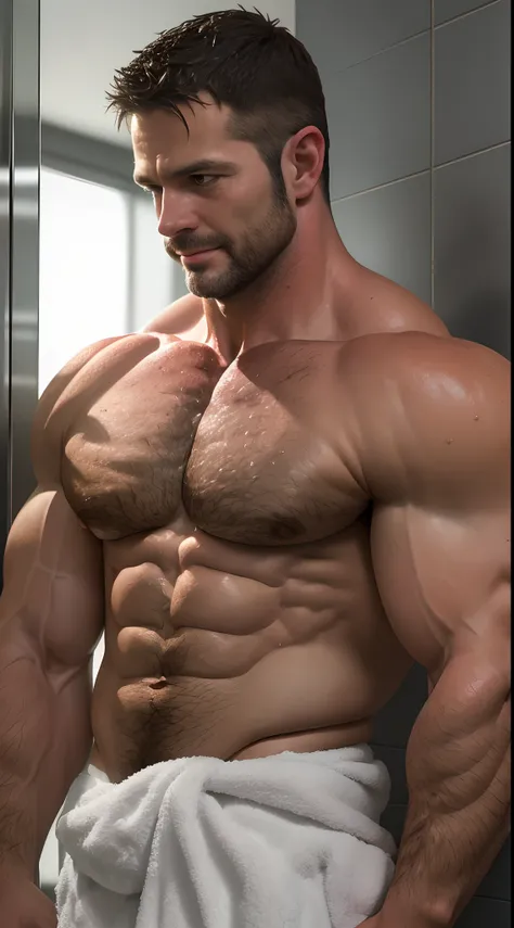 An award-winning original photo，A wild muscular man, (40 years old daddy:1.1), 1boy, Solo, (shirtless), (big shoulders), musculature, stubbles, Short beard, Beautiful eyes:1.3, ), (Detailed face:1.3), (looking down:1), standing in shower, wet hair, wet bod...