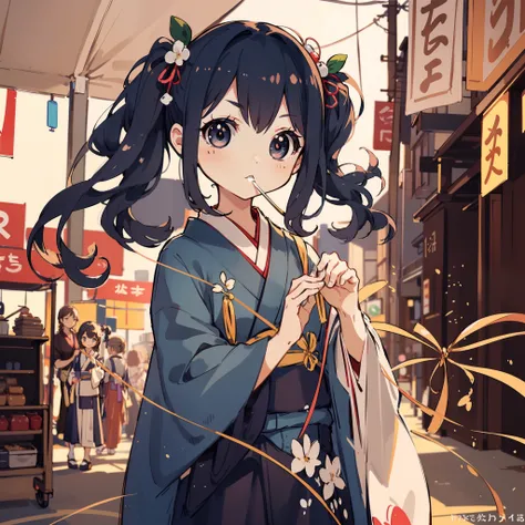 Chibi:1.8,Komono,Girl in Yukata,Blowing in the wind,Summer Festivals,natta,food stand,Spirit Stream,Big  Fireworks,poneyTail,(masutepiece: 1.3), (exquisite detailing: 1.2), Delicate and beautiful details, (Eye Detail), (Facial Detailed), (Highest Quality) ...