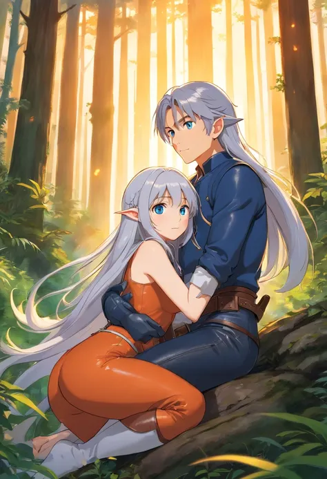 masterpiece, best quality, detailed, 1girl, 1boy, blue eyes, long hair, silver hair, (dense forest in the background), medieval tight leather pants, medium breasts, sunset, (elf), vagina,( on a knees), doggy style pose, sucking penis